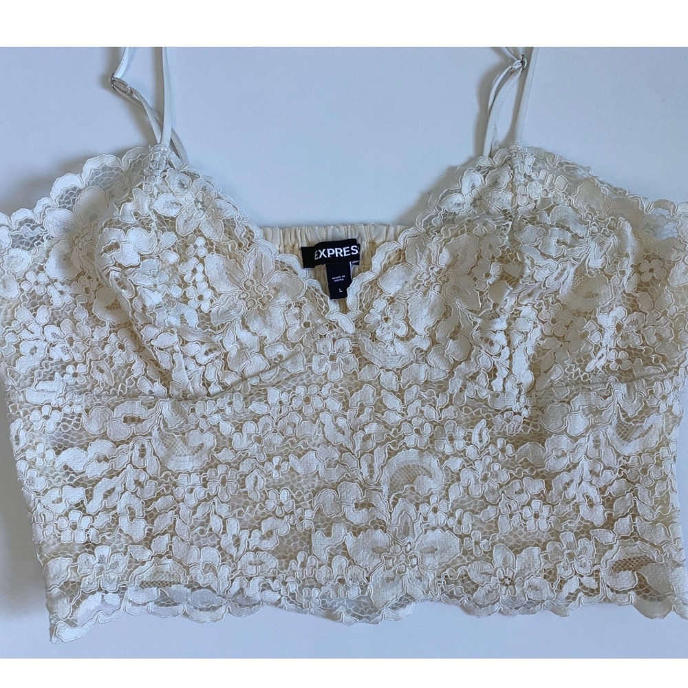 Express Womens Cream Floral Lace Smocked Back Cropped Cami Top Large 00863780 - Picture 8 of 11